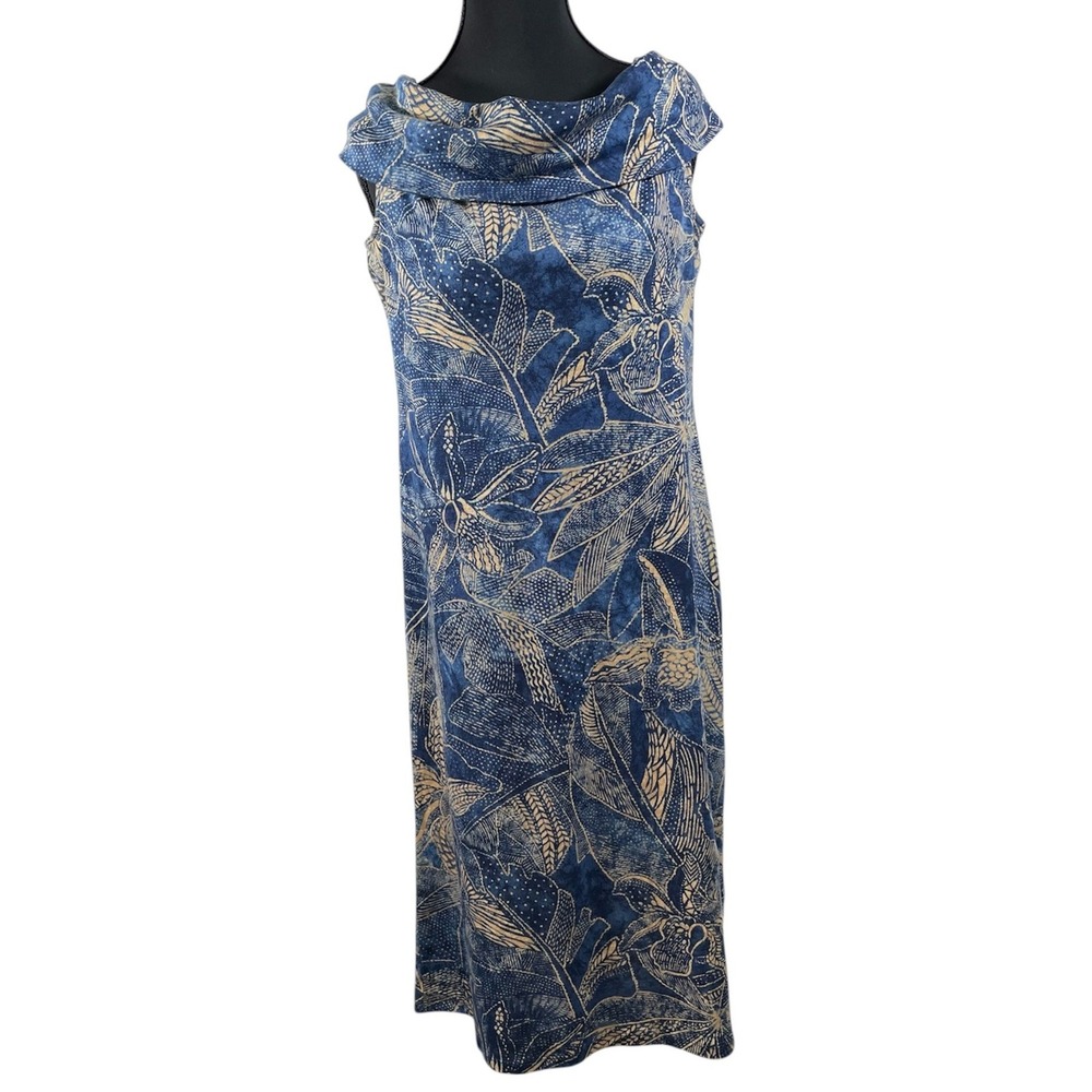 Lauren Ralph Lauren Women Blue Tan Leaf‎ Print Cowl Neck Sleeveless Maxi Dress L
